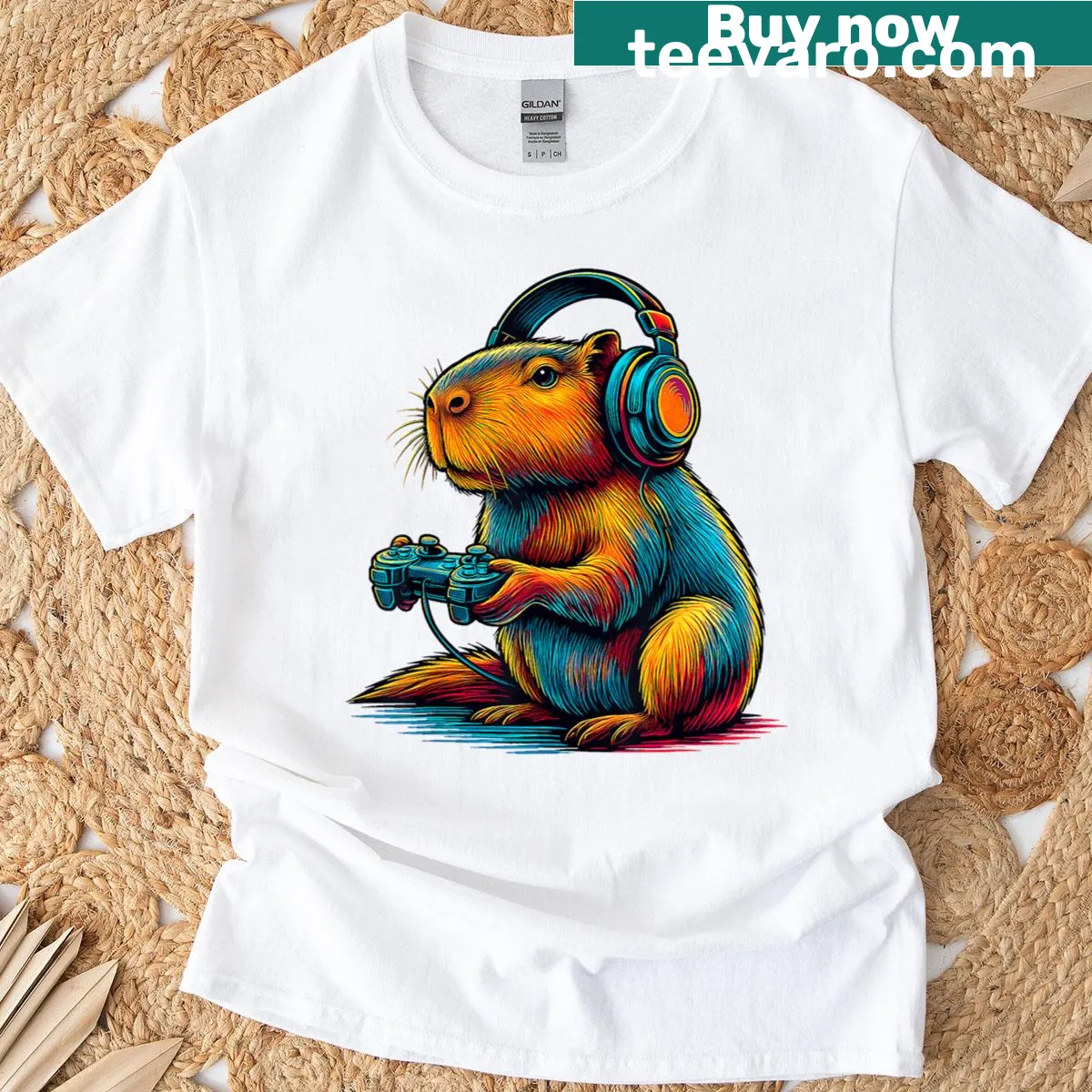 Capybara themed video game graphic t-shirt — on a men's t-shirt