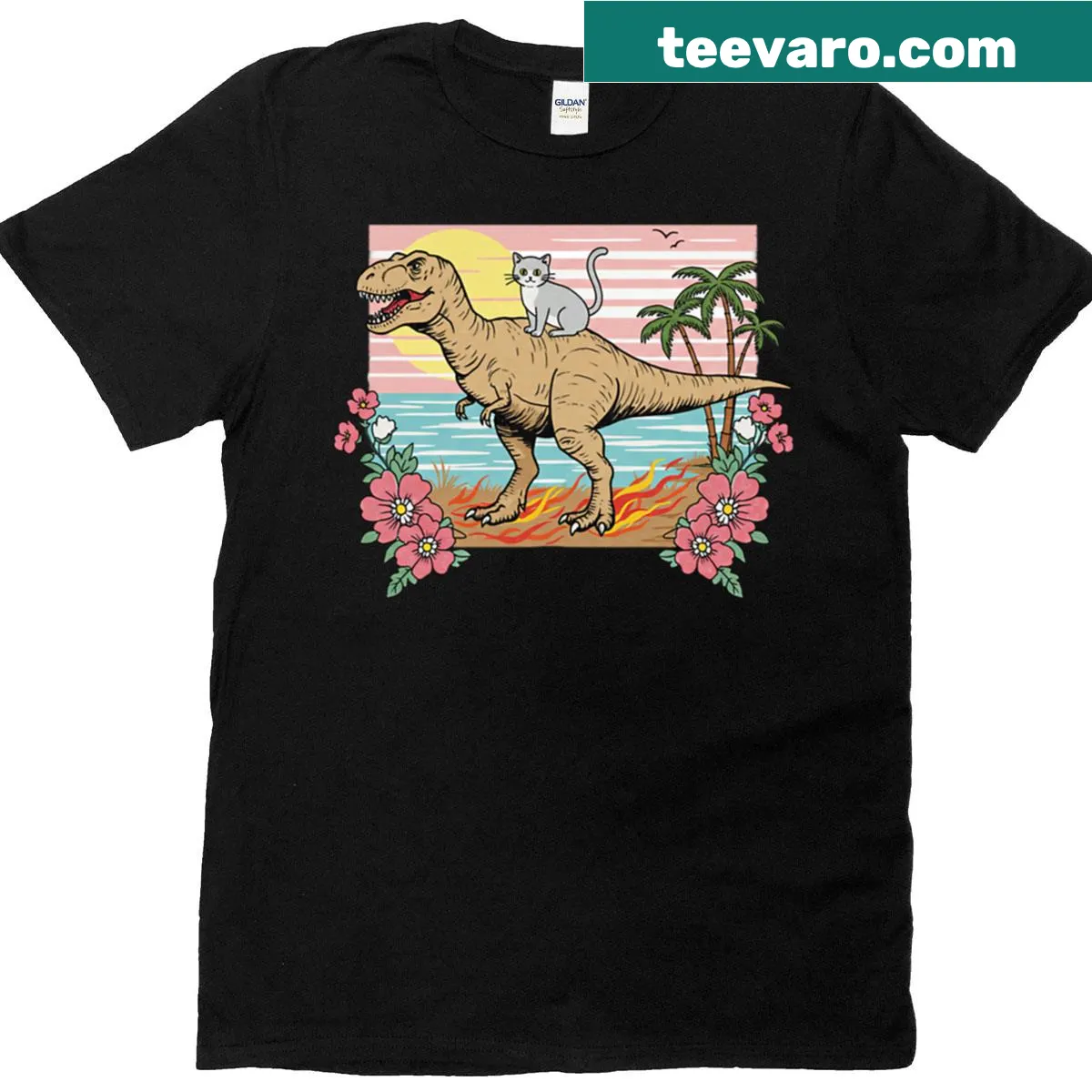 Tropical adventure T-shirt featuring cats and T-rexes in a playful design. — on a men's t-shirt