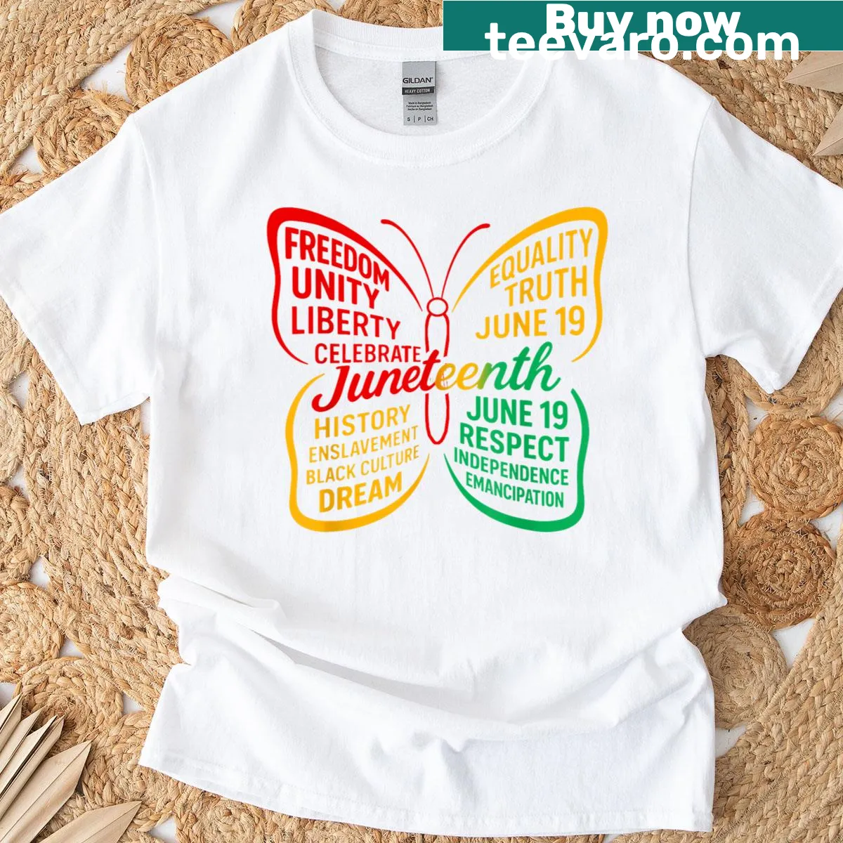 Illustrated T-shirt with a butterfly representing freedom and Juneteenth — on a men's t-shirt