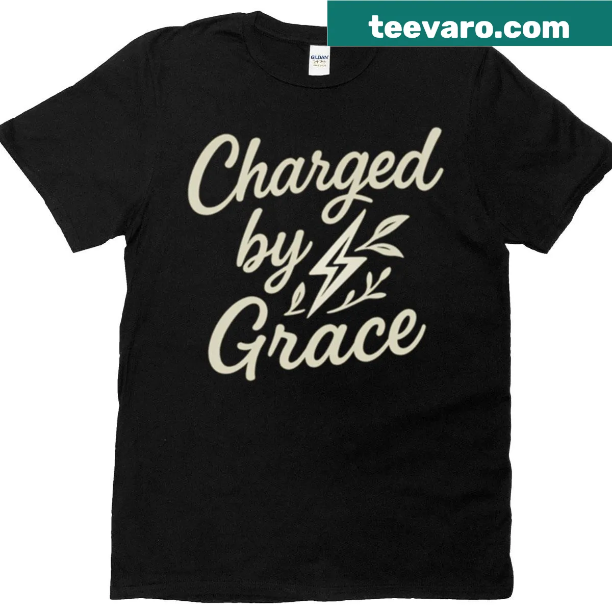 Inspirational t-shirt with hand-lettered 'Charged By Grace' and lightning bolt — on a men's t-shirt