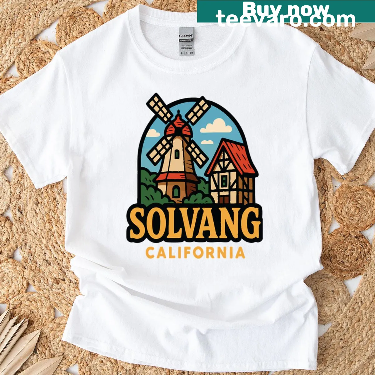 Illustrated t-shirt showcasing the charm of Solvang, California — on a men's t-shirt