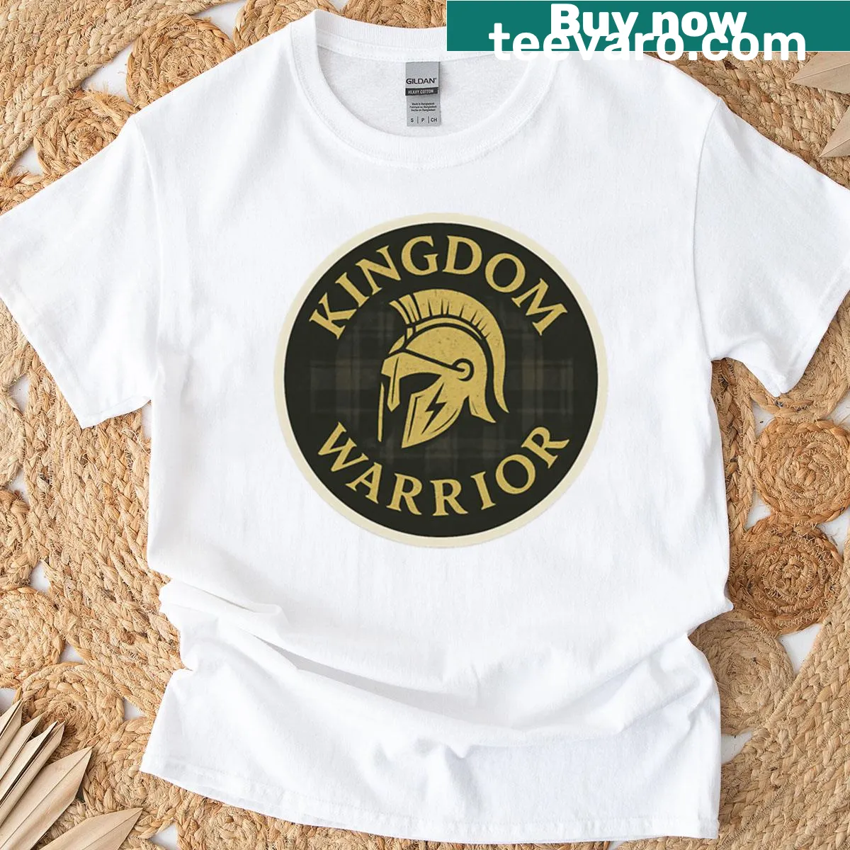 T-shirt featuring a bold Roman helmet graphic symbolizing faith. — on a men's t-shirt