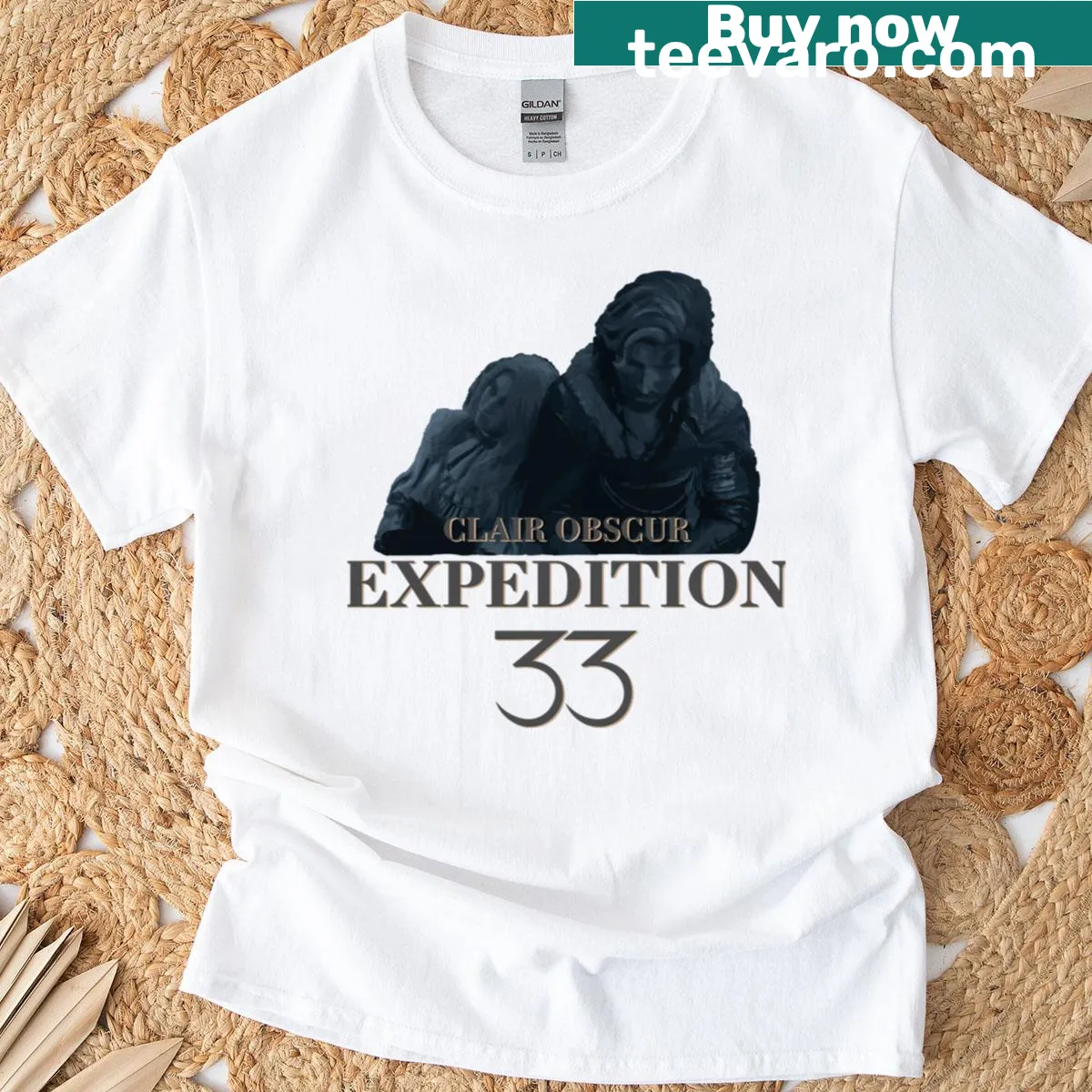 Graphic design from the video game Expedinion 33 on a T-shirt — on a men's t-shirt