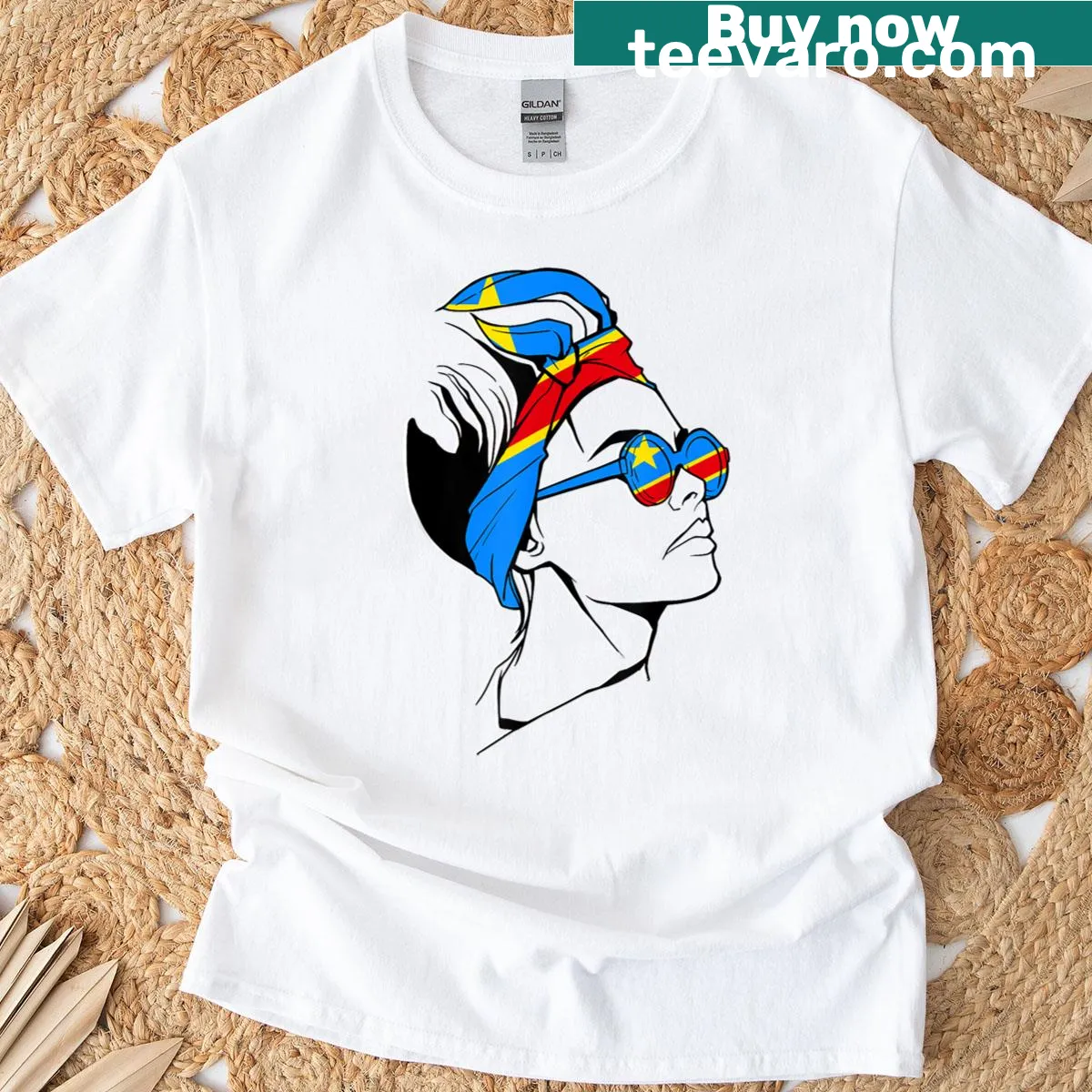 Illustrated t-shirt showcasing a Congolese woman in a headscarf. — on a men's t-shirt