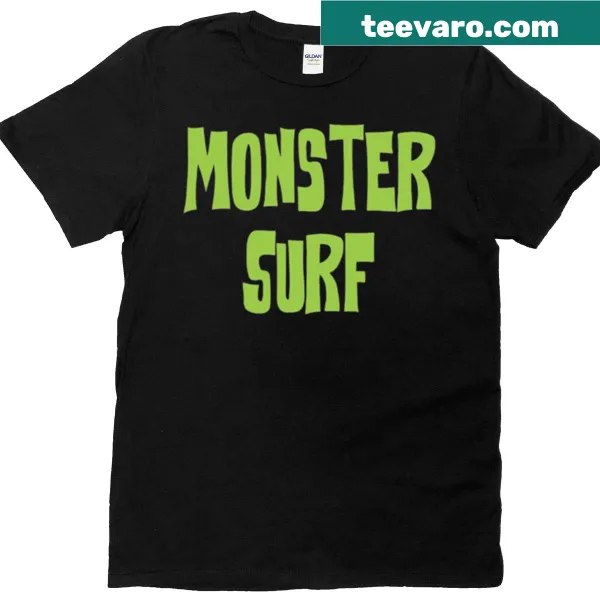 Whimsical monster riding a surfboard on a playful graphic t-shirt