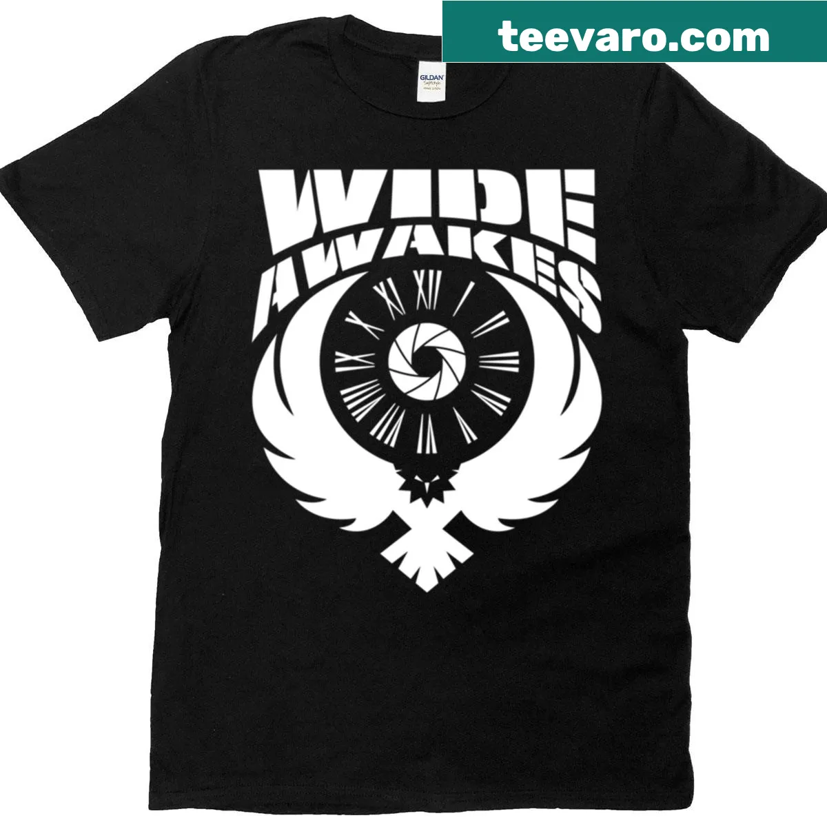 Minimalist white t-shirt with bold typography saying 'Copy Of Wide Awakes' — on a men's t-shirt