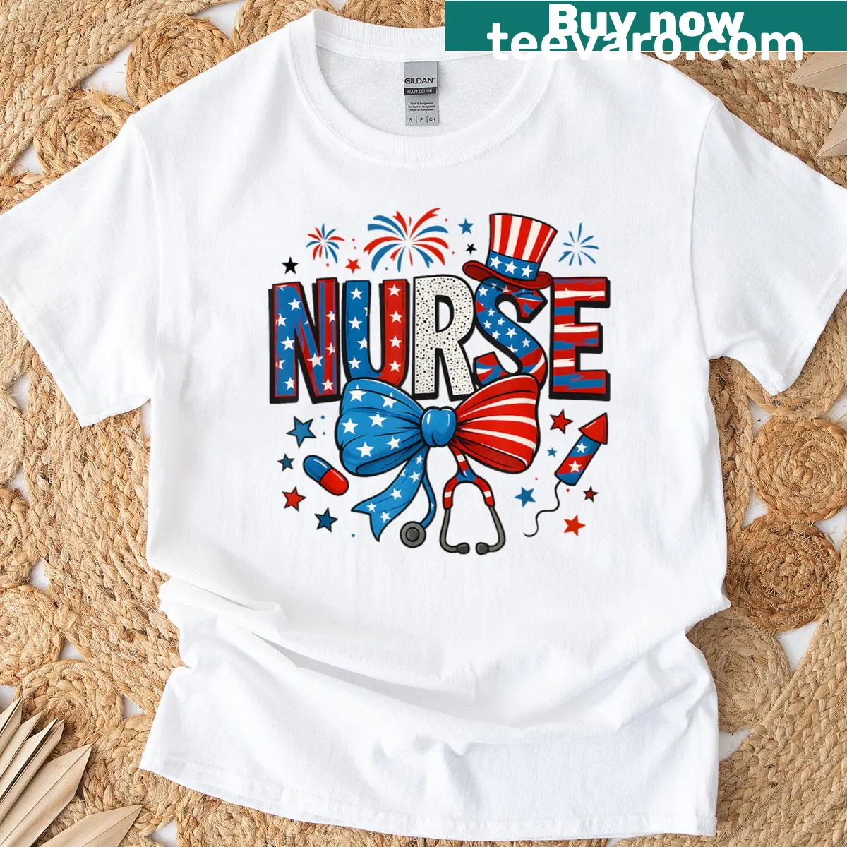 Patriotic t-shirt for nurses with a coquette bow design. — on a men's t-shirt