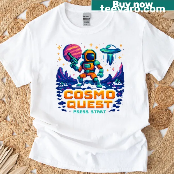 Retro pixel art t-shirt featuring a space adventure theme.
