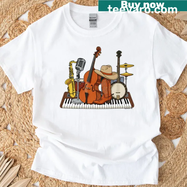 Illustration of country band instruments on a T-shirt