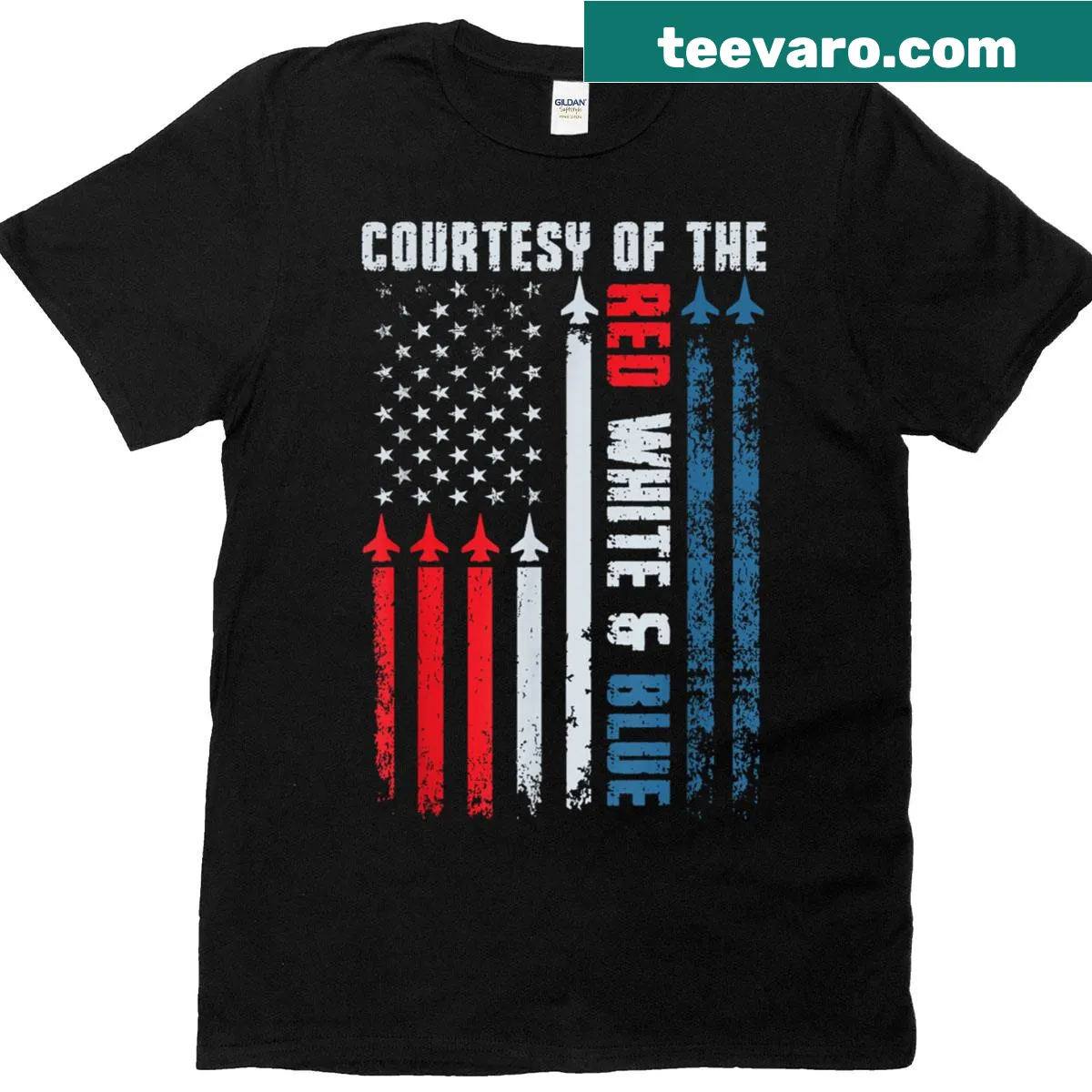 Patriotic t-shirt featuring 'Courtesy Of The Red White And Blue' text — on a men's t-shirt
