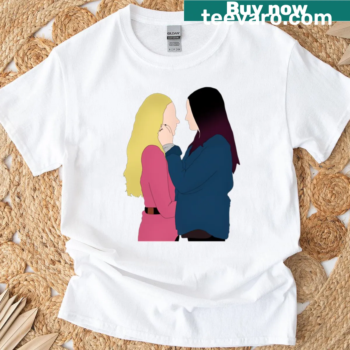 T-shirt featuring cartoon design of Cris and Joana from Skam Spain — on a men's t-shirt
