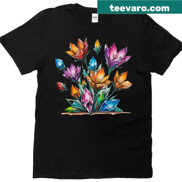 Floral design inspired by crystals on a nature-themed t-shirt