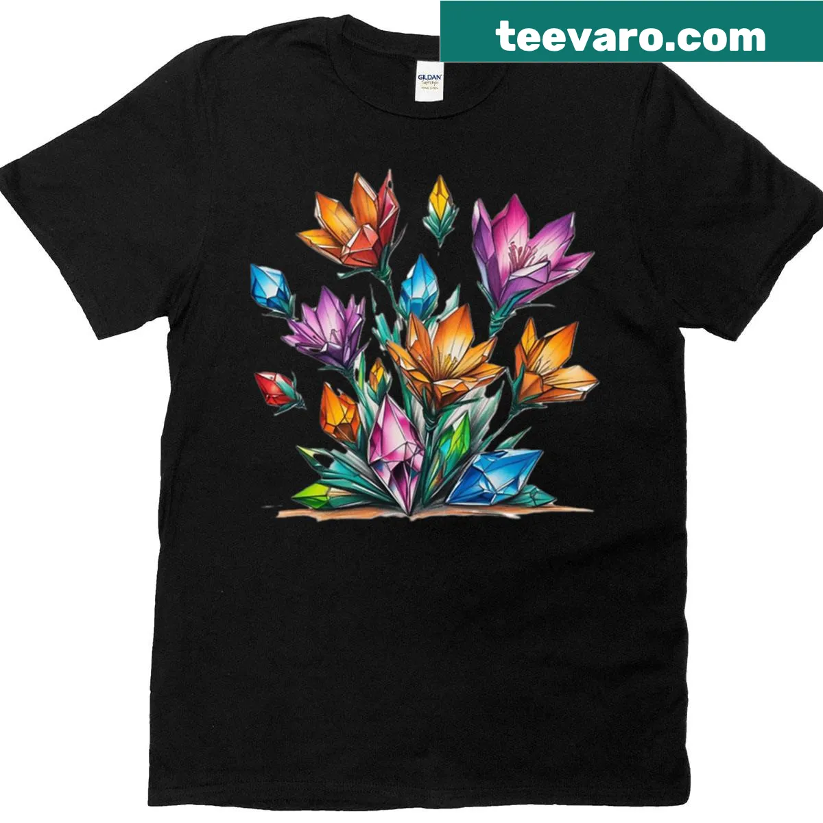 Floral design inspired by crystals on a nature-themed t-shirt — on a men's t-shirt