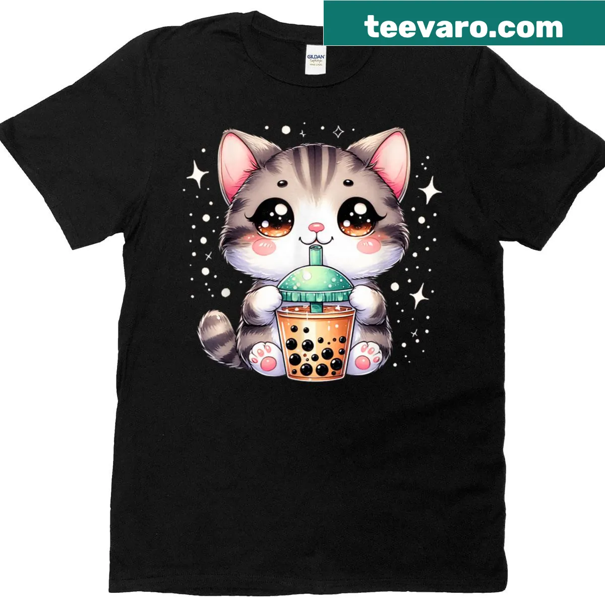 Anime graphic t-shirt featuring a cute cat girl with boba tea — on a men's t-shirt