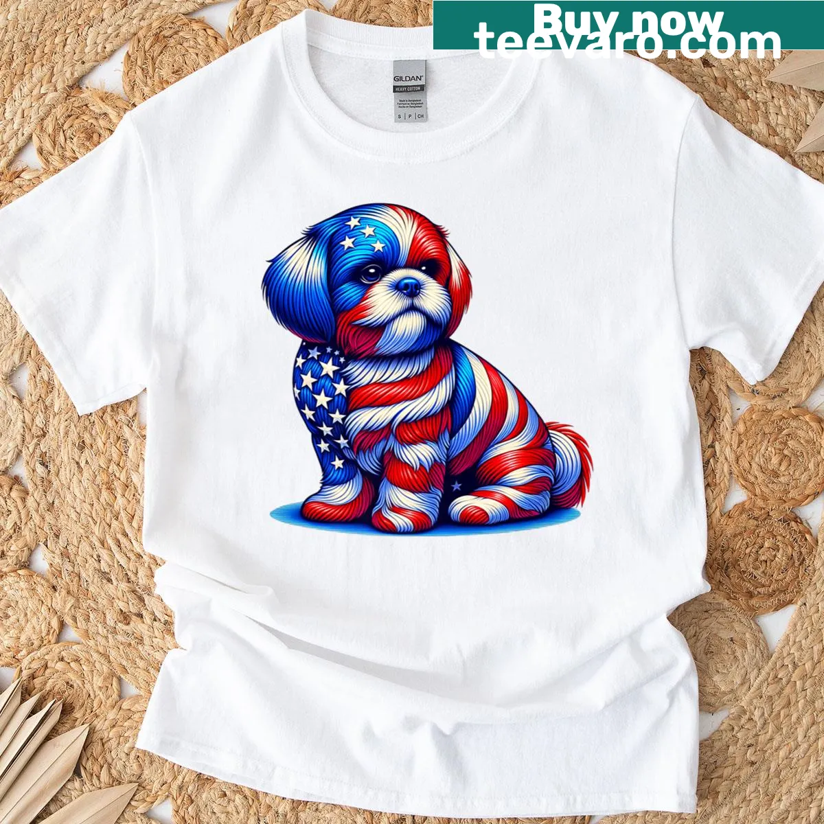 Illustrated T-shirt with a cute Shih Tzu and USA flag design — on a men's t-shirt