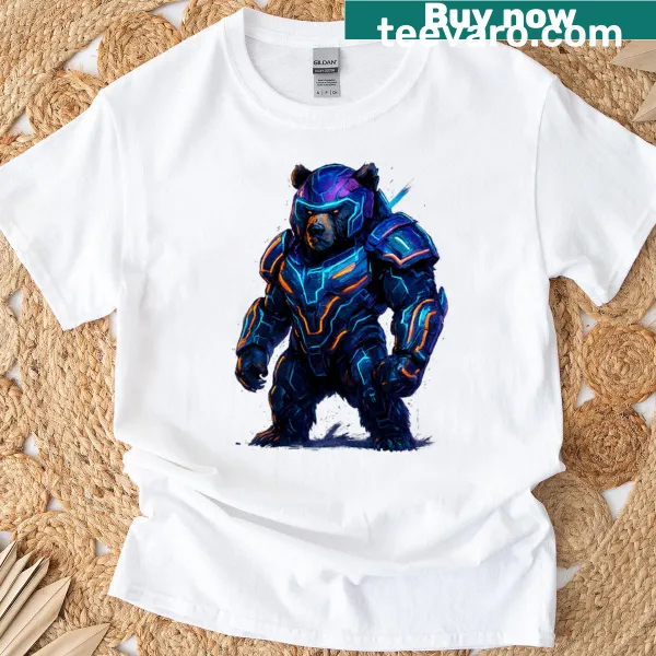 Bold grizzly bear graphic with futuristic elements on a t-shirt