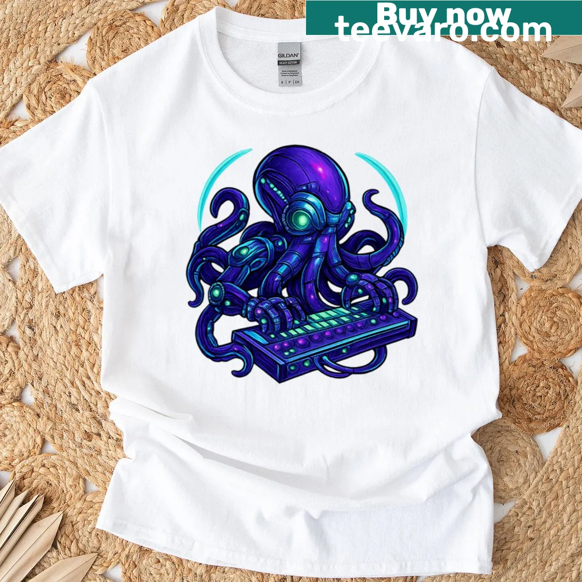 Pop-art style T-shirt with a Cyber Octopus DJ graphic — on a men's t-shirt