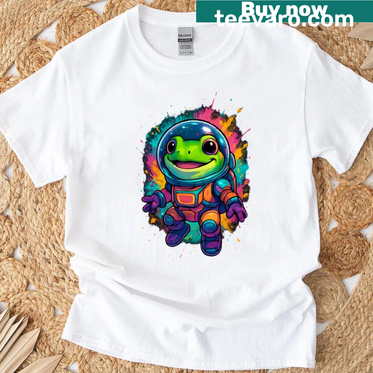 Playful T-shirt featuring a whimsical cyber space frog design — on a men's t-shirt