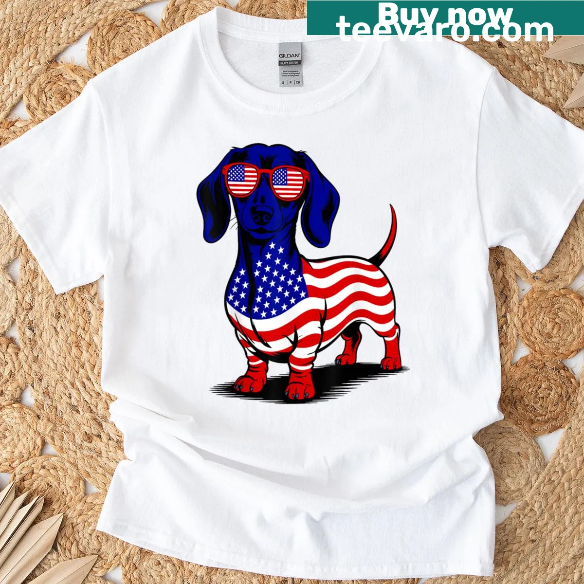 Patriotic dachshund wearing American flag shirt — on a men's t-shirt