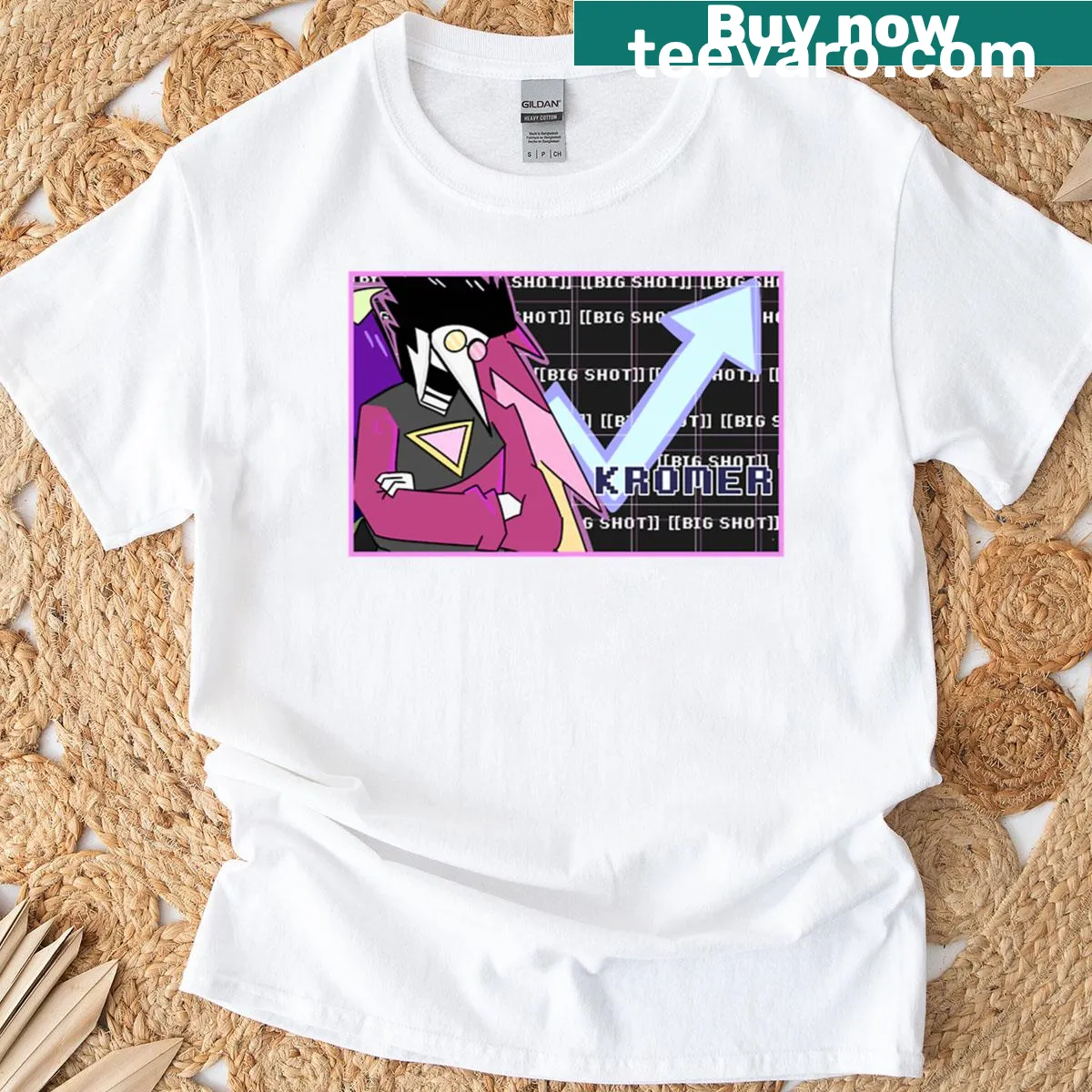 Spamton Kromer character from Deltarune T-shirt — on a men's t-shirt