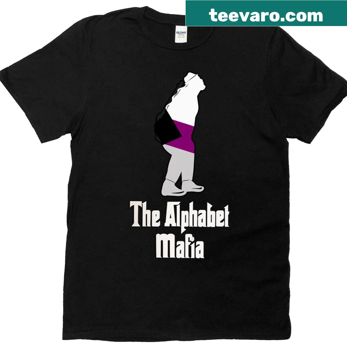 Demisexual pride flag alphabet design with playful mafia character illustrations — on a men's t-shirt