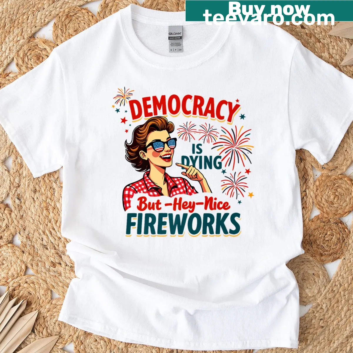 Fourth of July t-shirt with an edgy graphic about democracy and fireworks — on a men's t-shirt