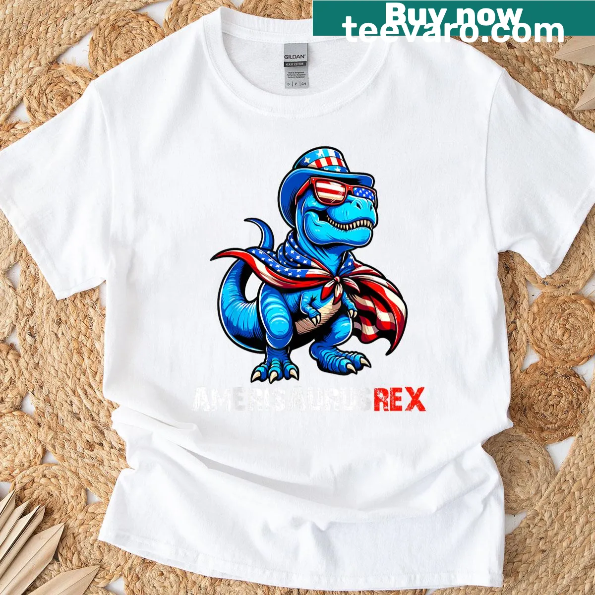 Amerisaurus Rex dinosaur graphic T-shirt for Fourth of July celebrations — on a men's t-shirt