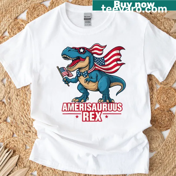 Amerisaurus T Rex dinosaur graphic T-shirt for Fourth of July