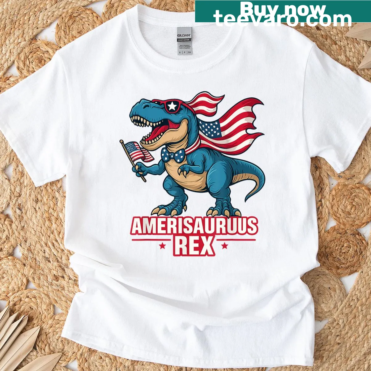 Amerisaurus T Rex dinosaur graphic T-shirt for Fourth of July — on a men's t-shirt