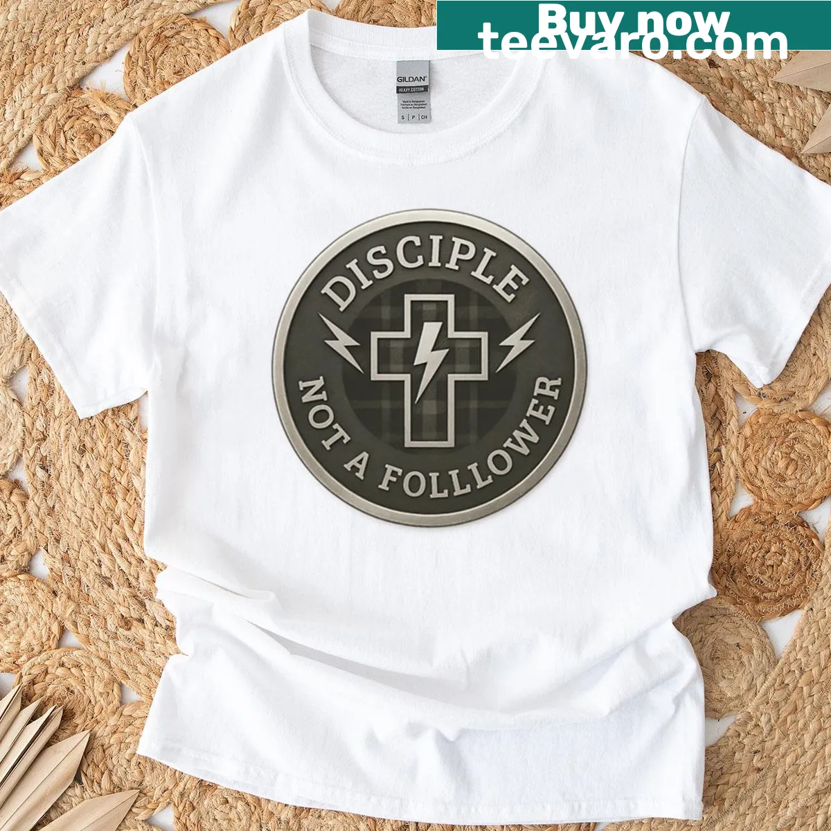 Bold Christian design t-shirt with 'Disciple Not A Follower' and a cross — on a men's t-shirt