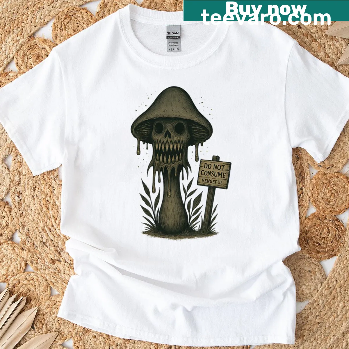 Funny T-shirt with the phrase 'Do Not Consume Vengeful Mushroom' in edgy typography — on a men's t-shirt
