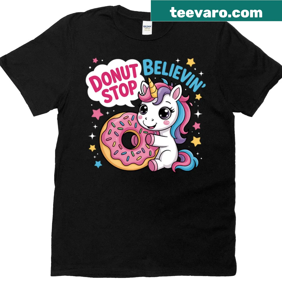 Cute unicorn graphic with donuts and the phrase 'Donut Stop Believin' — on a men's t-shirt