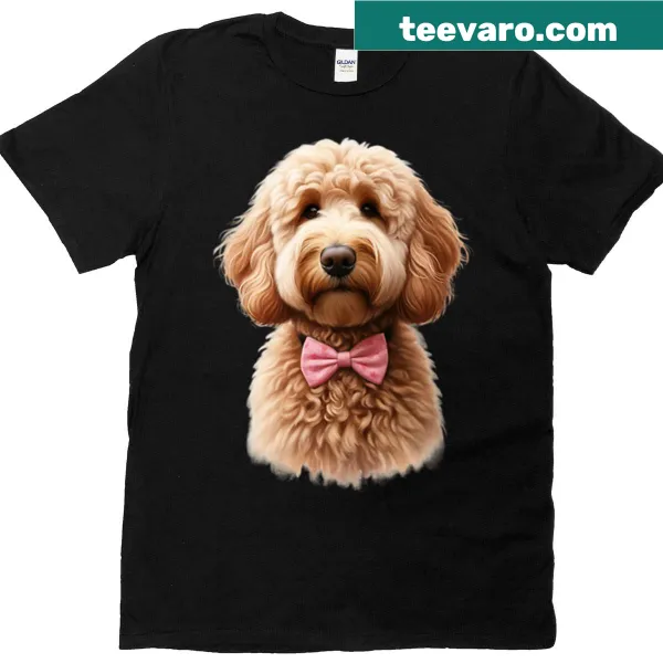 T-shirt featuring doodles of Labradoodle, Goldendoodle, and Cavapoo with a bowtie