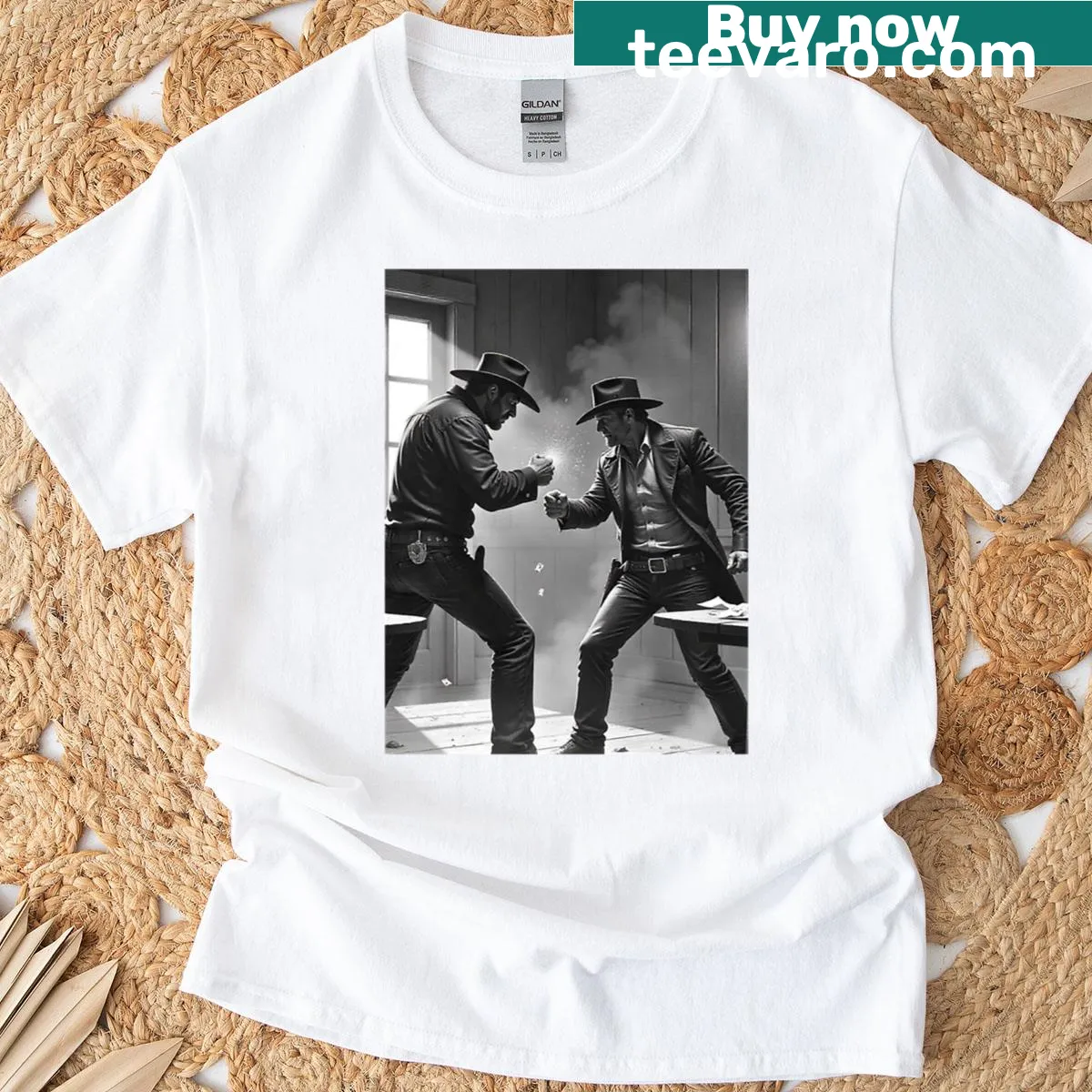 Illustrated t-shirt featuring a duel of outlaws in a tavern setting — on a men's t-shirt