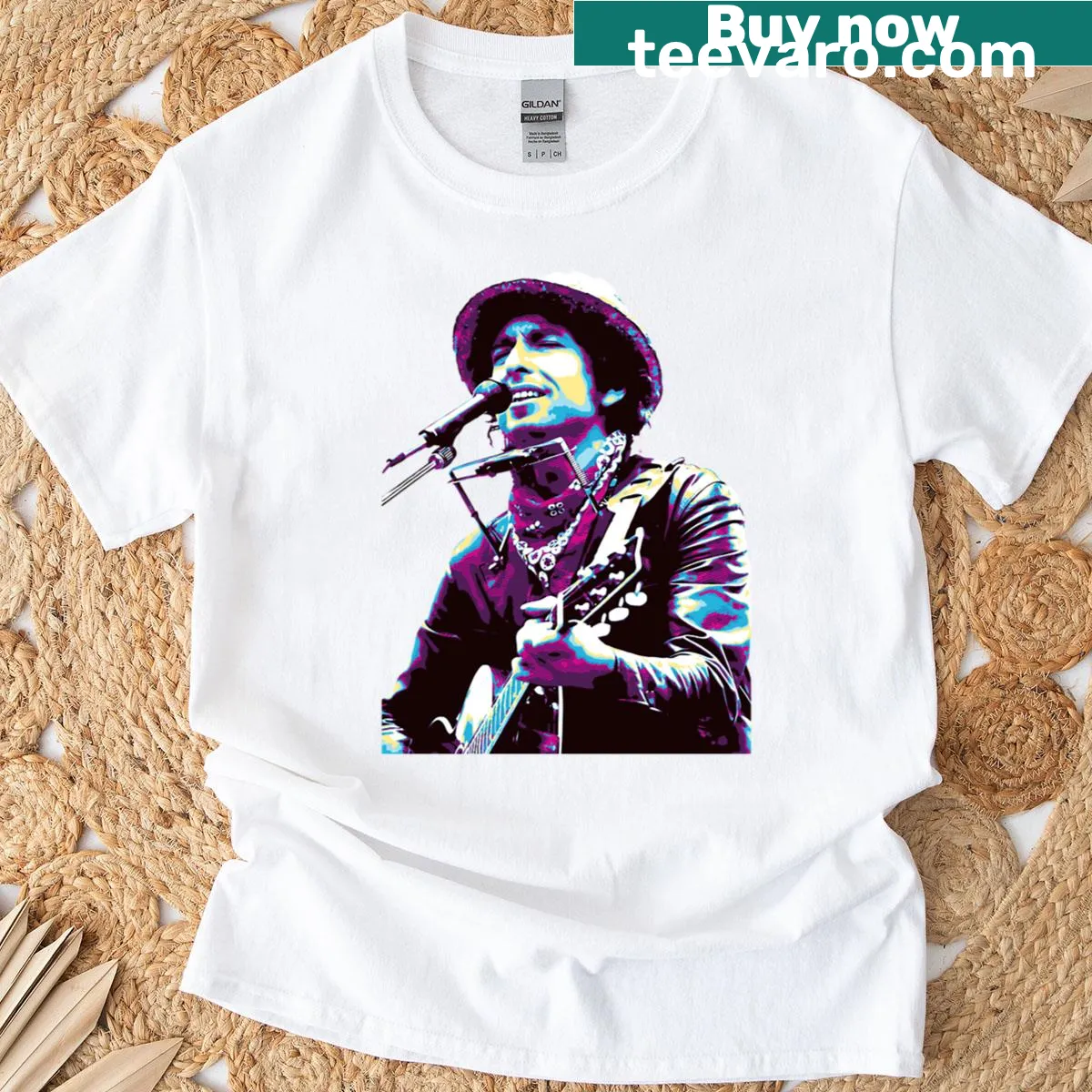 Retro-themed t-shirt featuring art inspired by Dylan — on a men's t-shirt