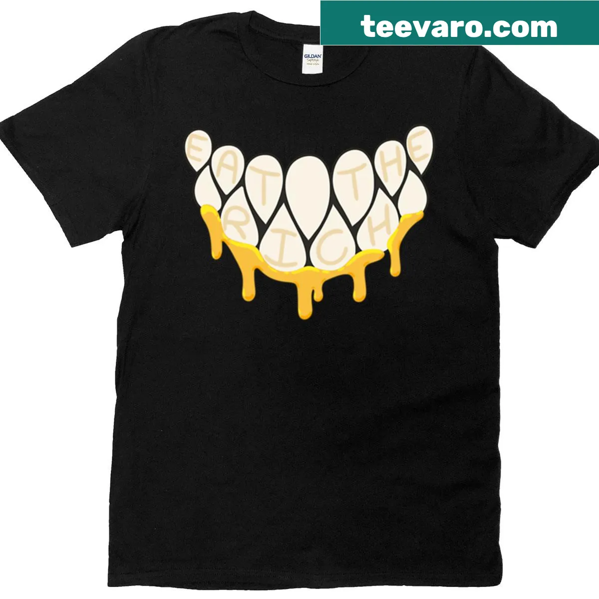 Bold Eat The Rich slogan t-shirt designed for social commentary. — on a men's t-shirt