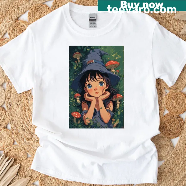 Illustrative enchanted forest witch design on a t-shirt.