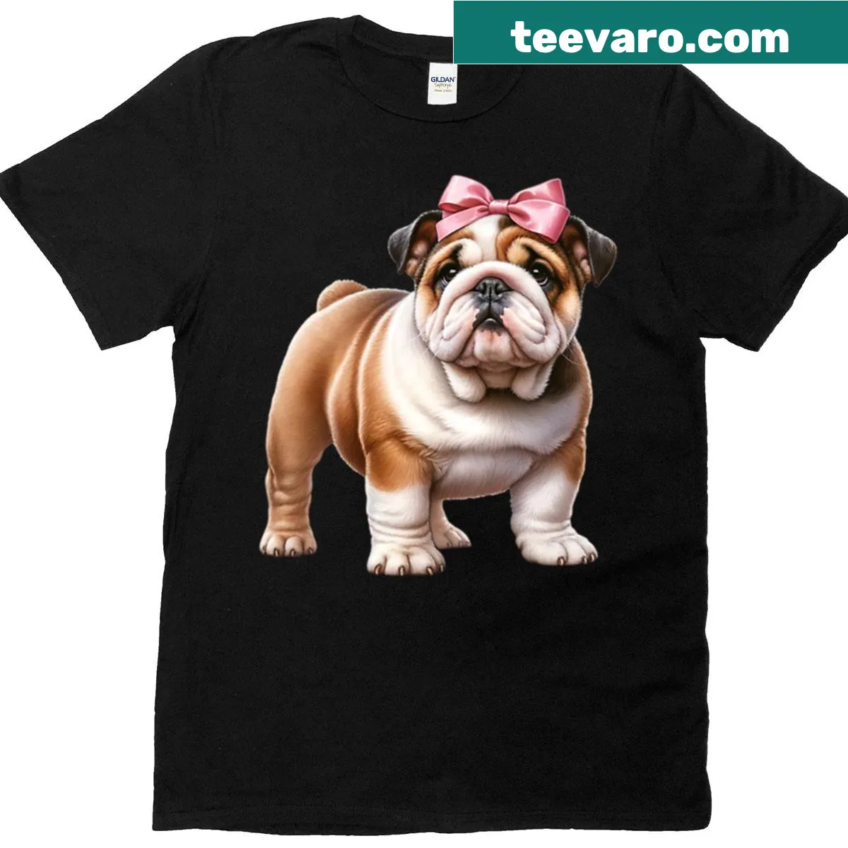 Illustration of an English Bulldog with a pink bow on a t-shirt — on a men's t-shirt