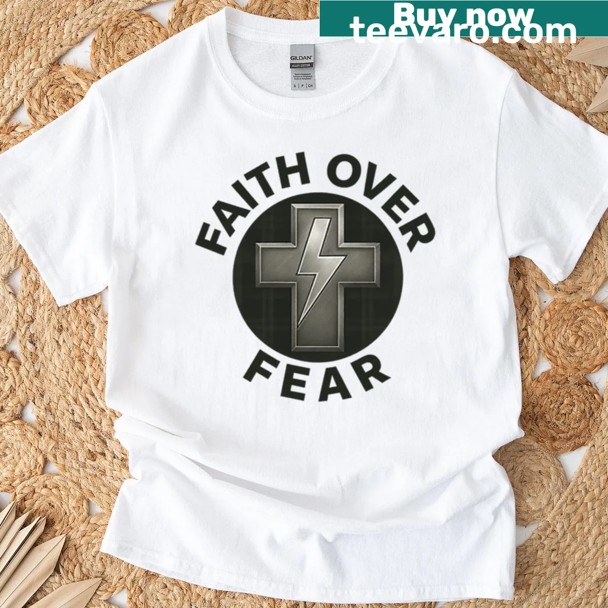 Engraved lightning cross design T-shirt with inspirational faith message. — on a men's t-shirt