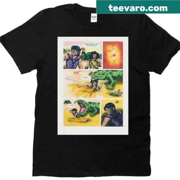 T-shirt depicting a battle between warriors and a reptilian monster in a desert