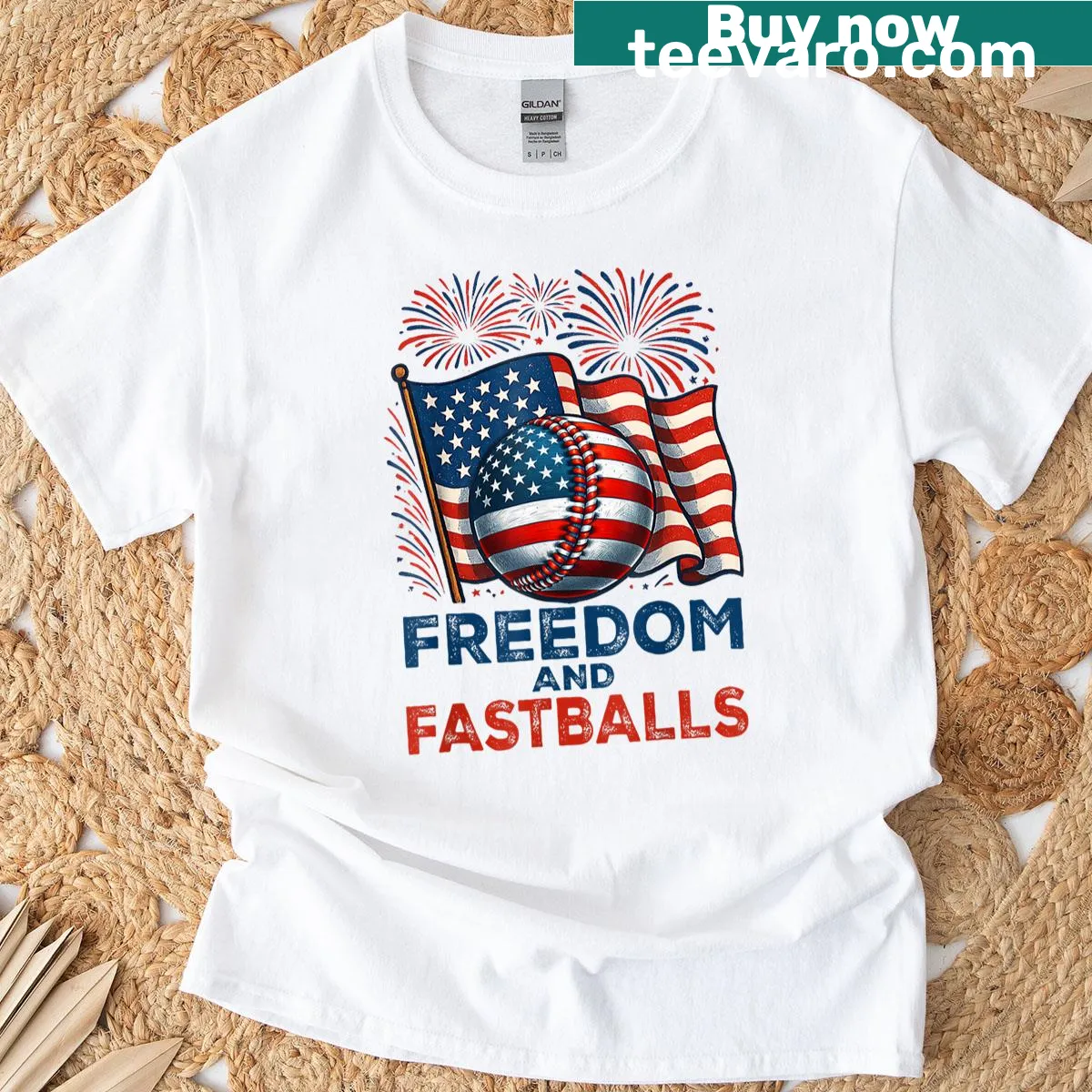 Youth T-shirt featuring playful fastballs and patriotic designs for the Fourth of July. — on a men's t-shirt