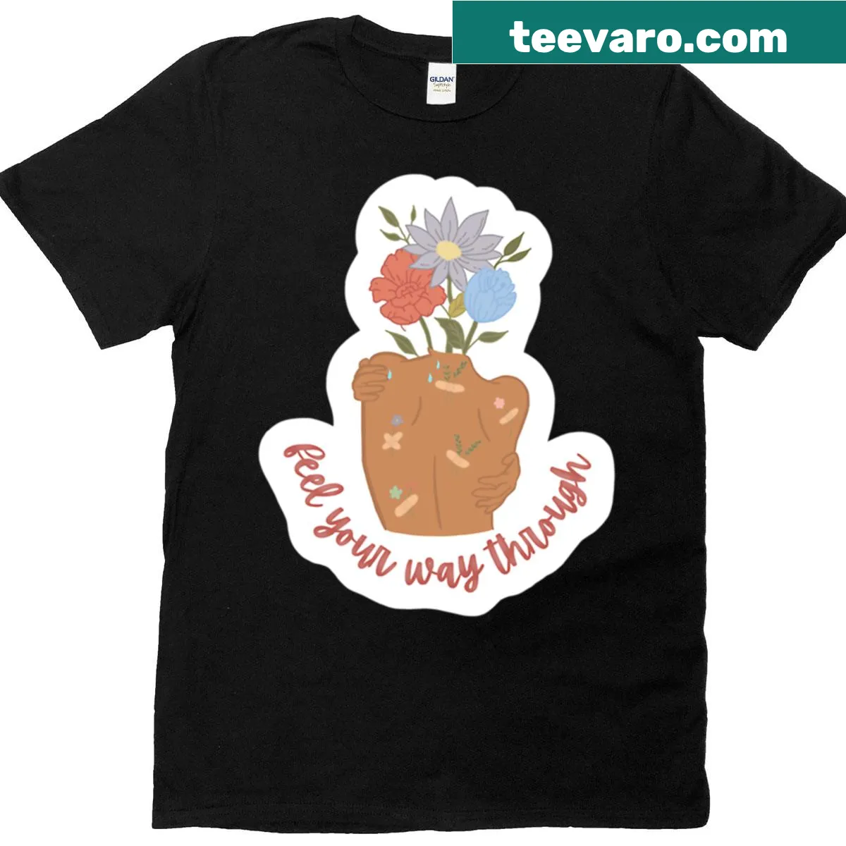 Inspirational t-shirt with the phrase 'Feel Your Way Through' promoting emotional awareness — on a men's t-shirt