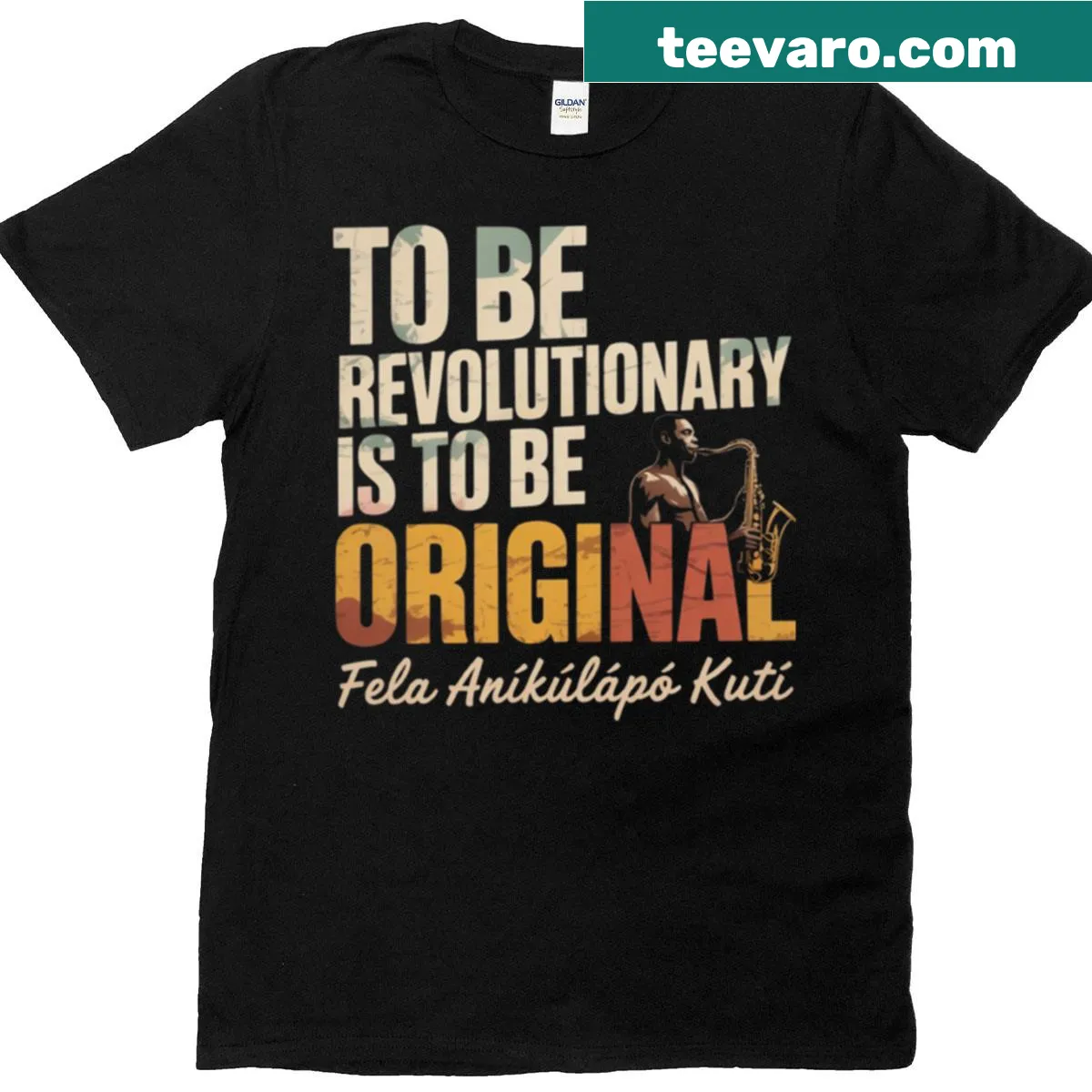 T-shirt featuring powerful quotes by Fela Kuti, celebrating African music. — on a men's t-shirt