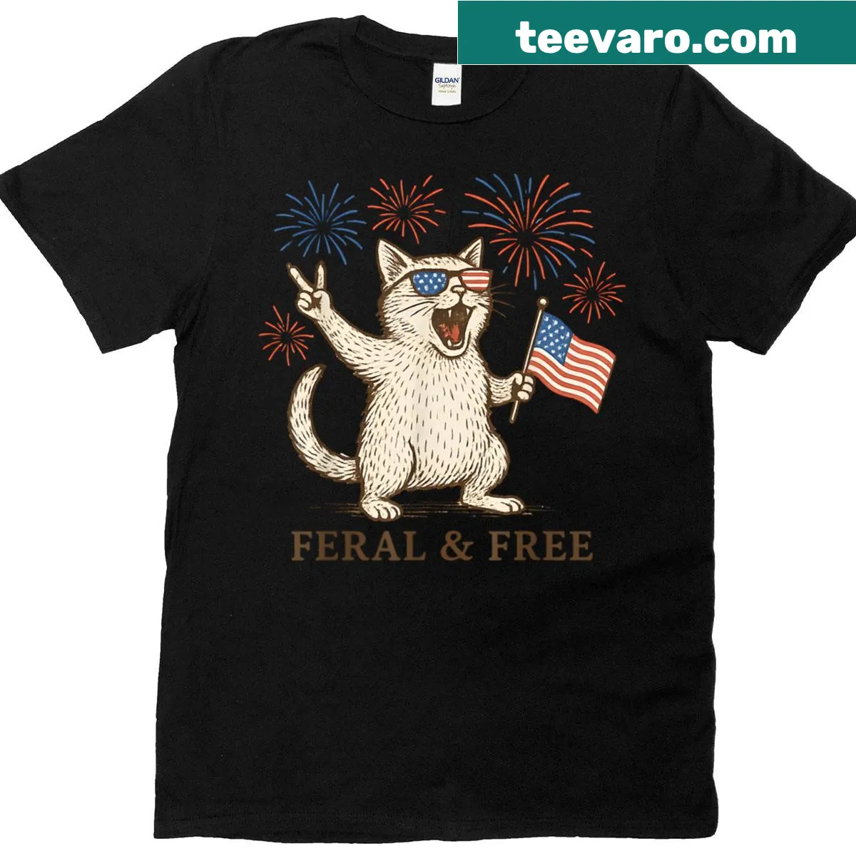 Funny 4th of July t-shirt with a cartoon cat and American flag — on a men's t-shirt