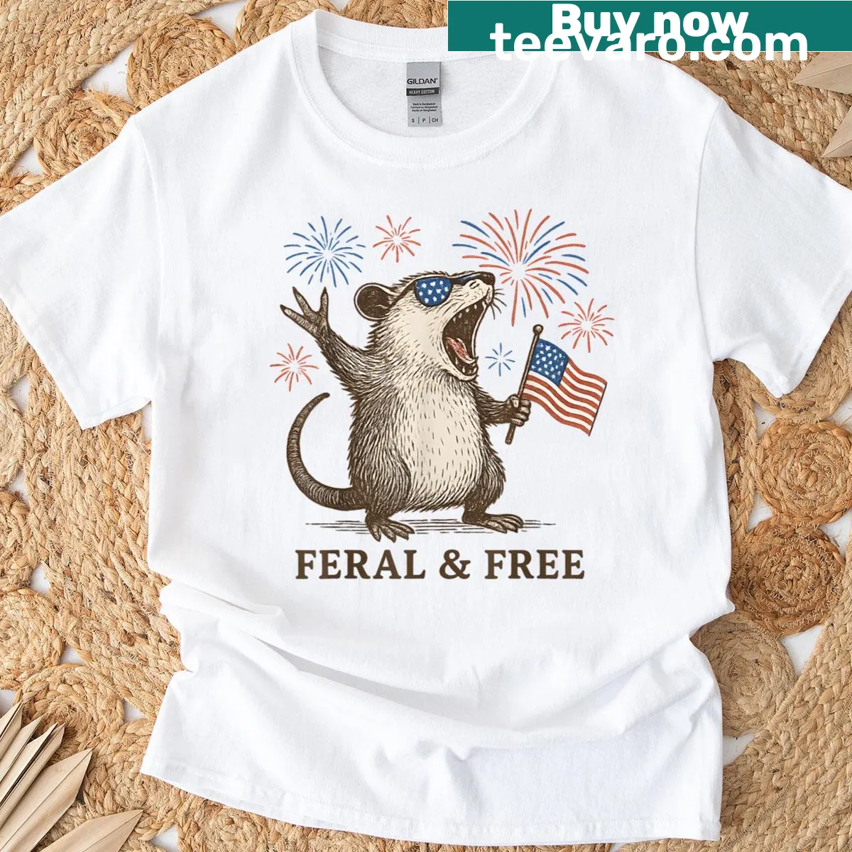 Funny possum and American flag graphic on women's t-shirt — on a men's t-shirt