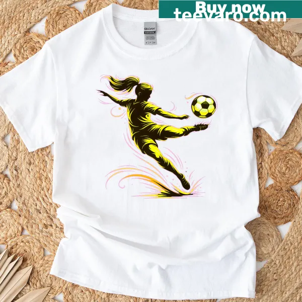 Illustrative T-shirt of a woman soccer player performing a big kick.