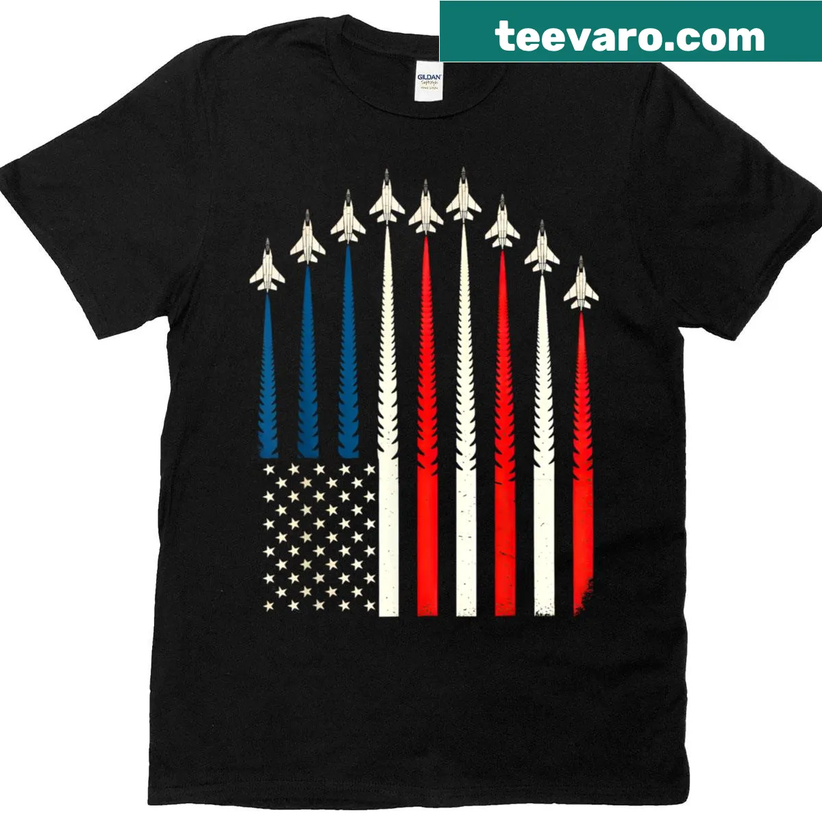 Fighter jet and US flag graphic for 4th of July — on a men's t-shirt