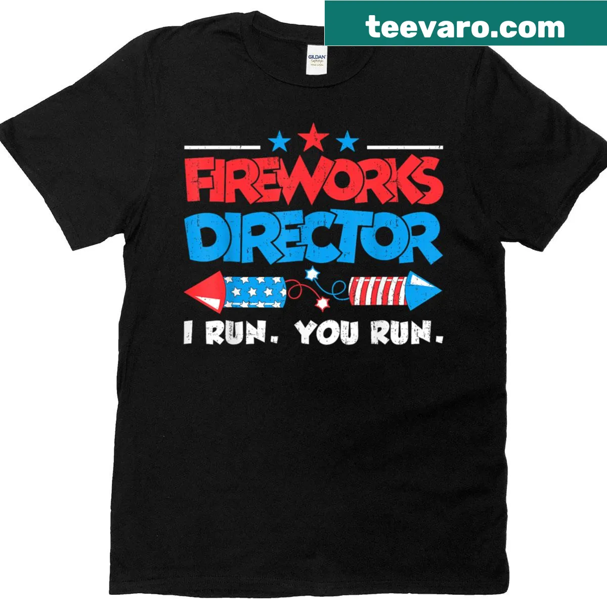 Funny Fireworks Director T-shirt with festive graphics — on a men's t-shirt