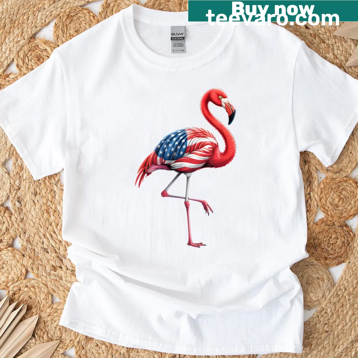 Flamingo and American flag graphic on women's 4th of July t-shirt — on a men's t-shirt