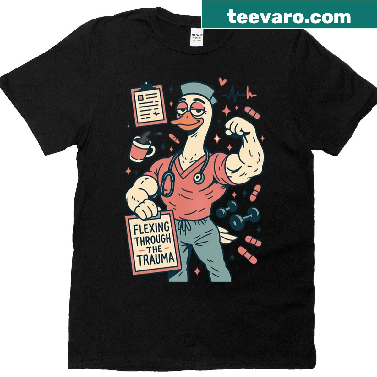 Edgy 'Flexing Through The Trauma' nurse goose graphic T-shirt — on a men's t-shirt